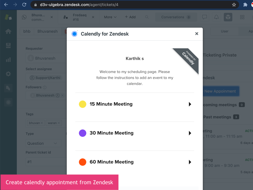 Calendly Events for Support App Integration with Zendesk Support